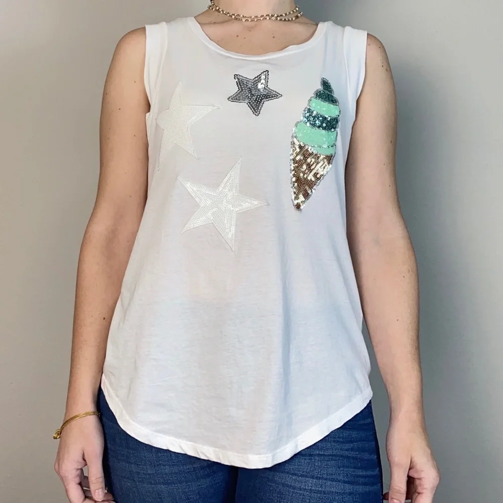 Koch Stars & Ice Cream Sequin White Cotton Tank